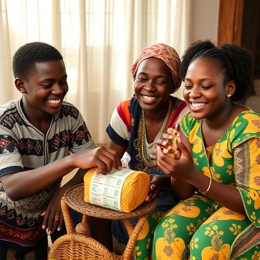 A Ugandan family happily saving money together in their home.